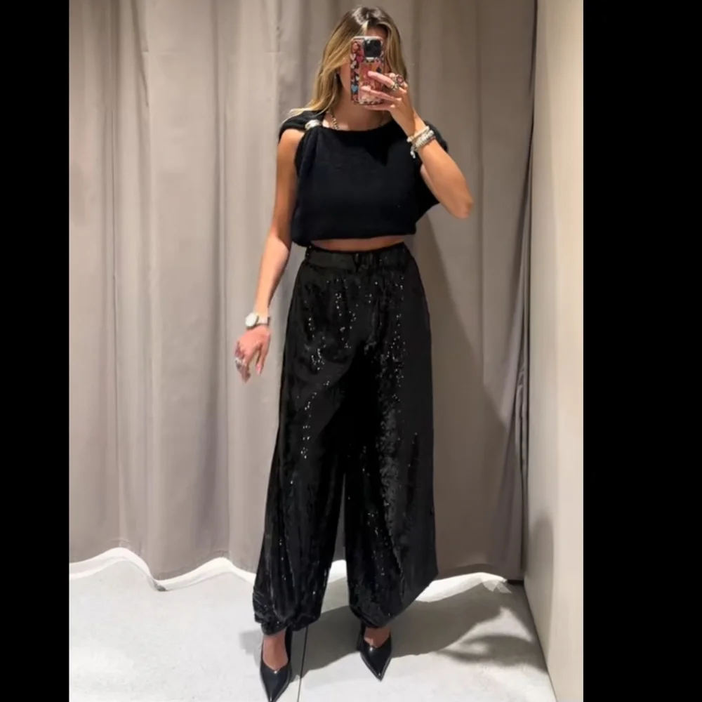 Zara SEQUIN BALLOON PANTS BLACK